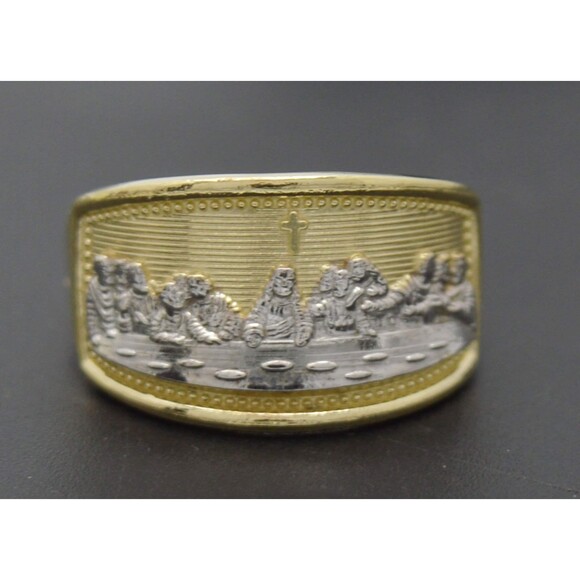 Real 10K Two-tone Solid Gold Last Supper Cross Ring 2.4gr All Sizes - Picture 1 of 7